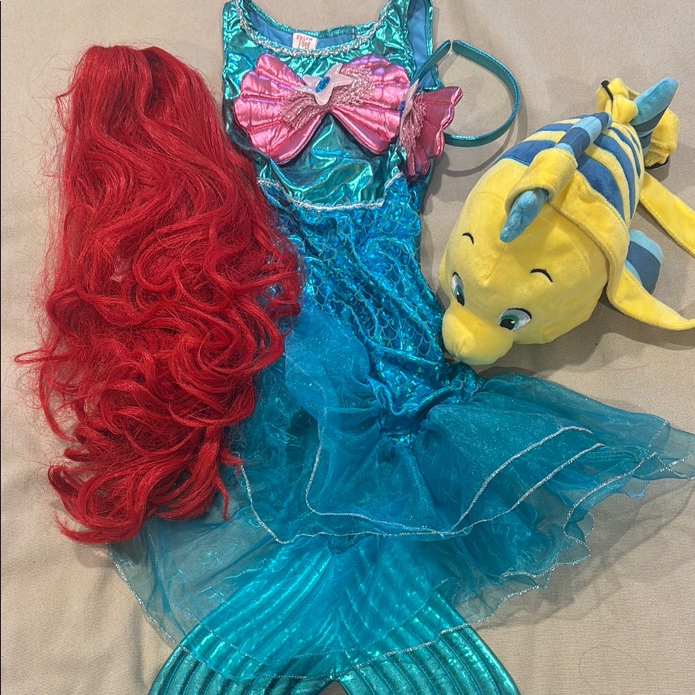 Mermaid Costume with Red Wig and Plush flounder bag